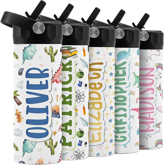 Personalized Water Bottle for Kids - 14 oz - 14 Design Options, Custom Water Bottle for Children - End of School Year Gifts, Back to School Gifts - BPA FREE, Double-Wall Insulation - Dino 1