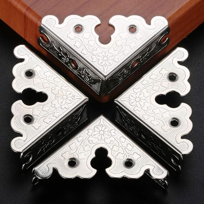 dophee 8Pcs Decorative Corner Protectors, Retro Style Edge Safety Guards Covers for Picture Frame Album Jewelry Box Gift Box Wooden Case Chest Tables Cabinet Furniture, 1.34"x1.34"-Silver