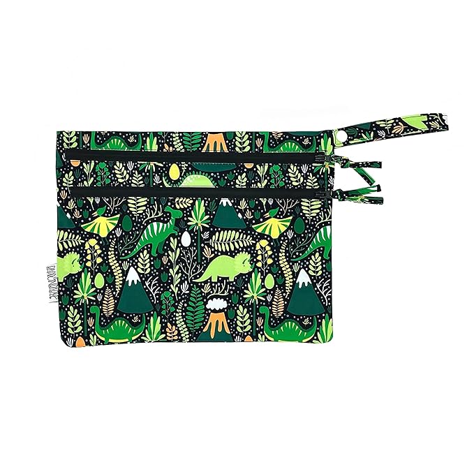 BapronBaby Dino Days Wet Dry Bag - Waterproof Two Zipper Pockets - Reusable for Mealtime, Diapers, Stroller, Snacks, Swimsuits - Machine Washable - 11" x 9"