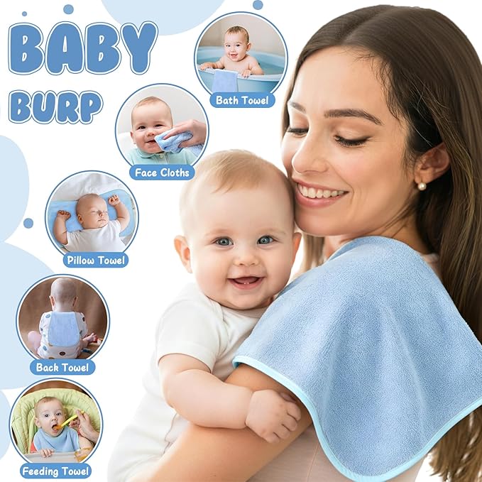 Hahafelt 12 Pack Blue Baby Burp Cloths for Boys and Girls Coral Fleece 20 x 10 Inch Super Soft Burp Cloths with Organza Bag for Newborn Sensitive Skin Essential