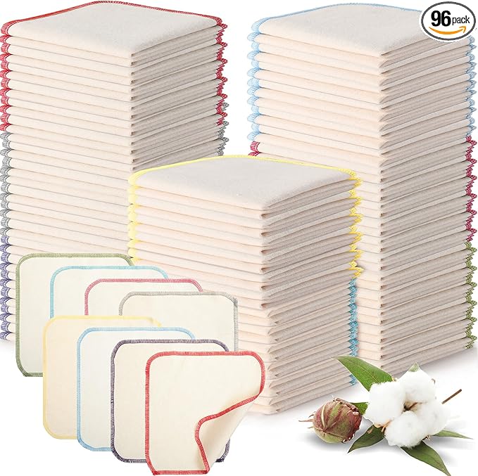 Mixweer 96 Pcs Flannel Cloth Baby Wipes Reusable Baby Diapers Wipes Washable Natural Unbleached Face Wipes Soft and Sturdy Cloth Wipes 8 Colors Outer Stitching 8 x 8 Inches