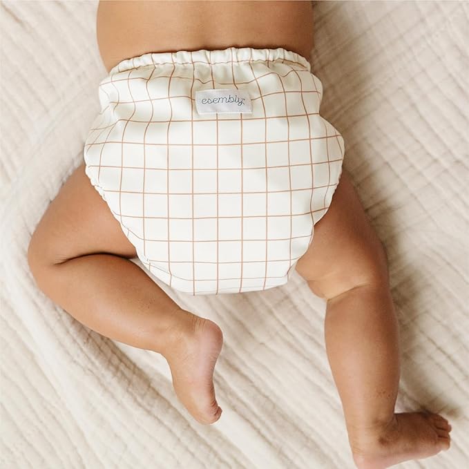 Esembly Cloth Diaper Cover - Reusable Swim Diaper, Waterproof, Breathable - Adjustable Outer Layer Over Absorbent Inner for Blowout Protection - Windowpane, Size 2 (18-35lbs)