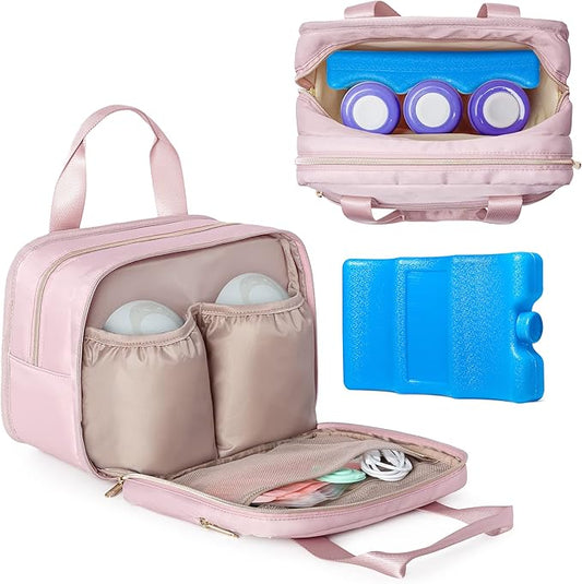 Fasrom Wearable Breast Pump Bag with Cooler and Ice Pack Compatible with Momcozy, Medela and Elvie Pumps, Insulated Pump Carrying Case to Hold Extra Pump Parts, Pink (Patent Design)