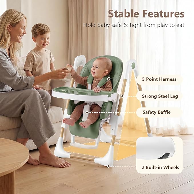 Kinder King Convertible High Chair for Babies & Toddlers, Adjustable Baby Feeding High Chair with Removable Double Tray, Simple Compact Fold for Space-Saving, 2 Built-in Wheels, Easy to Clean