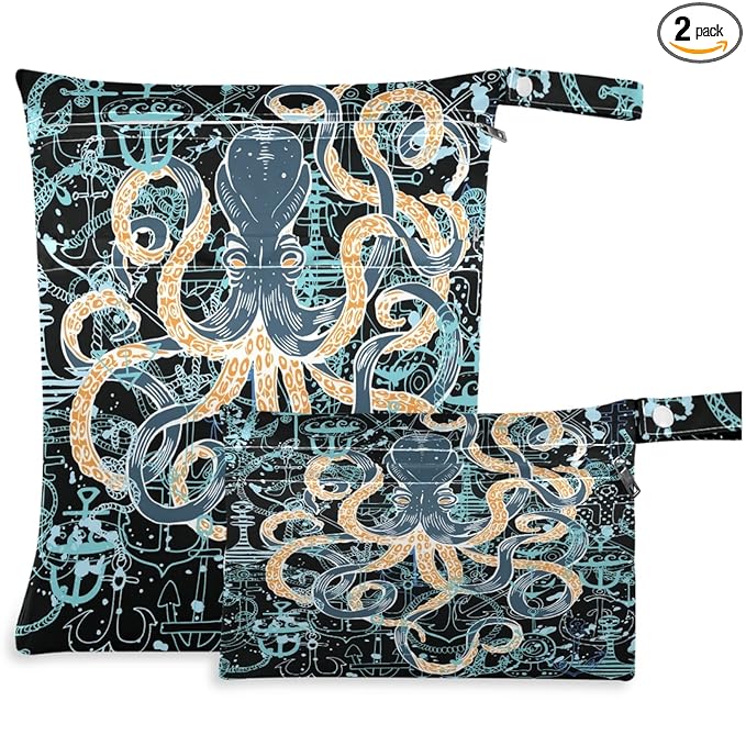 visesunny Hand-Drawn Octopus Anchor 2Pcs Wet Bag with Zippered Pockets Washable Reusable Roomy Diaper Bag for Travel,Beach,Daycare,Stroller,Diapers,Dirty Gym Clothes,Wet Swimsuits,Toiletries