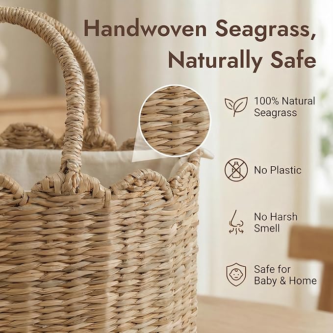 YANGQIHOME Diaper Caddy Organizer, Seagrass Nursery Baby Basket for Baby Essentials, Scalloped Wicker Diaper Caddy, Baby Shower Gifts (MeadowNest)