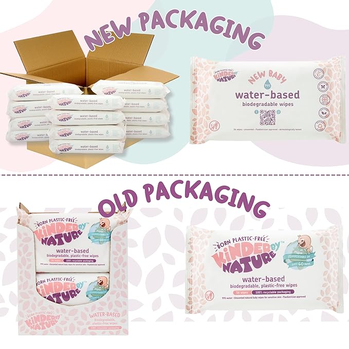 Kinder by Nature Water-Based Baby Wipes - 100% Biodegradable & Compostable, 224 Count (4 Packs of 56) - 99% Water, Plastic-Free Wipes