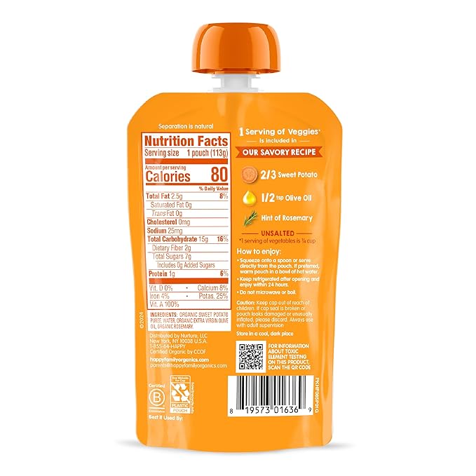 Happy Baby Organics Savory Blends Stage 2 Baby Food, Sweet Potatoes with Olive Oil + Rosemary, 4 Ounce Pouch (Pack of 16)