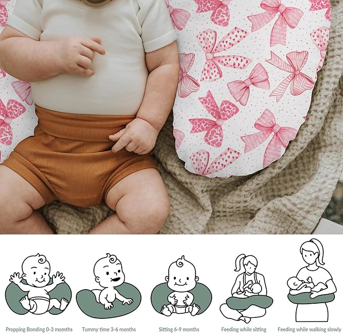 Pink Bows Baby Nursing Pillow Covers for Girl Pink Hair Bows Leopard Stripes Nursing Slipcovers for Breastfeeding Pillows Valentine Hearts Love Soft Stretchy Removable Cover for Newborn Infant