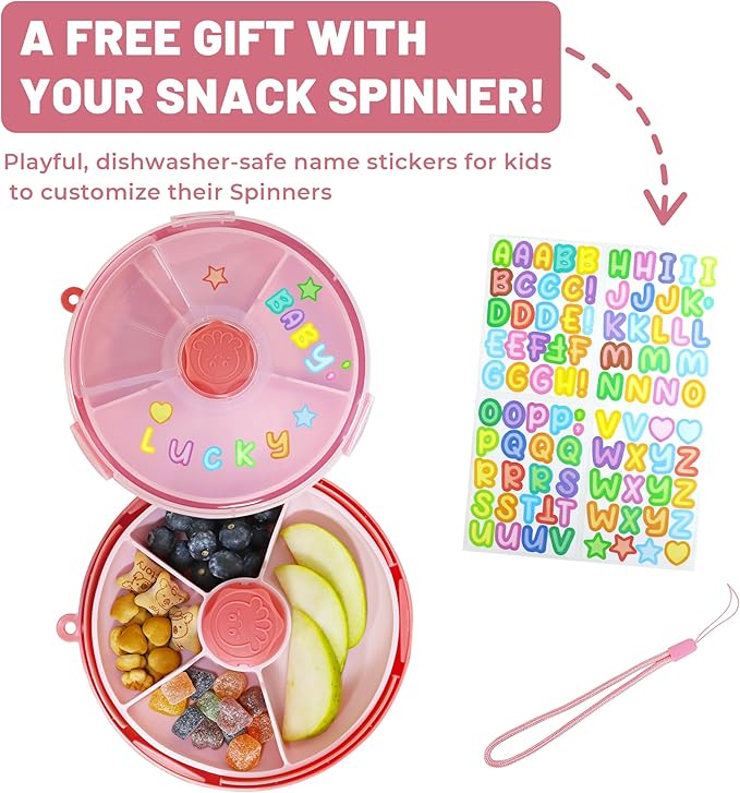 KingKam Kids Snack Spinner Containers, Reusable Toddler Spin Snack Container Box with 4 Compartments & Lid, Travel On-The-Go Snacking, BPA Free | Dishwasher Safe | Strap and Sticker (Pink)