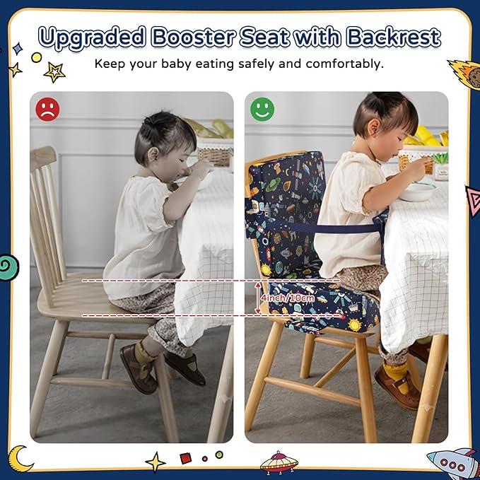 Booster Seat for Kitchen Chair with Backrest & 4 Adjustable Straps, Portable TPU Waterproof & Anti-Scratch Toddler Booster Seat for Dining Table, Non-Slip & Removable