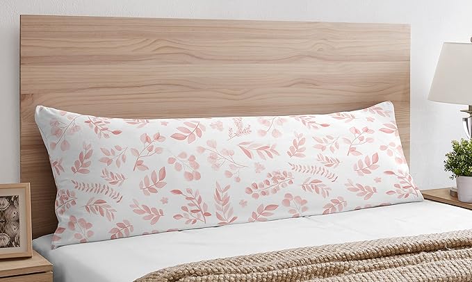 Sweet Jojo Designs Blush Pink and White Floral Leaf Body Pillow Case Cover Boho Chic Bohemian Watercolor Botanical Flower Woodland Tropical Garden Leaves Pastel Light Pink Nature - Pillow Not Included