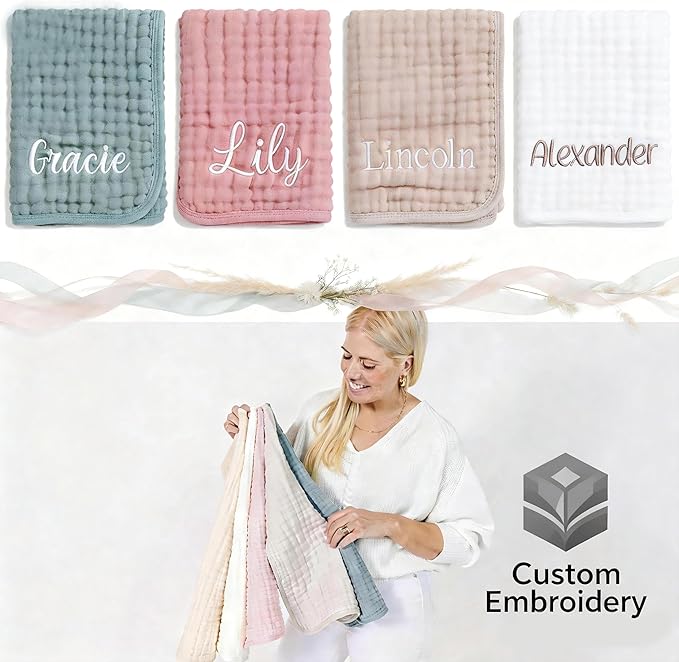 Personalized Muslin Burp Cloth with Embroidered Name For Baby Boy & Girl 6-Layer 100% Cotton Burping Cloths for Babies, Soft & Plush Newborn Spit Up Rags, Infant Towels for Milk Spit Up (Multi Girl)
