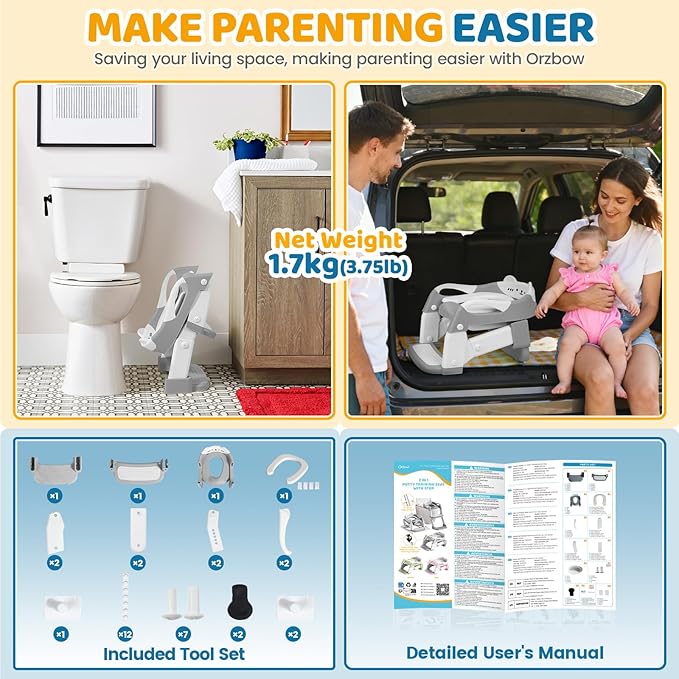Orzbow Potty Training Seat, Toddler Toilet Seat with Step Stool Ladder, 2-in-1 Toddler Potty Training Toilet Chair for Kids Boys Girls - 5-Level Adjustable Height | Splash Guard | Anti Slip Pad, Grey