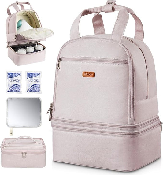 VEVOR Breast Pump Backpack, Breast Feeding Bag with Ice Pack, Compatible with Spectra S1/S2, Portable Pump Carrying Case for Breastmilk Storage, Work, Travel and Family Use, Light Pink