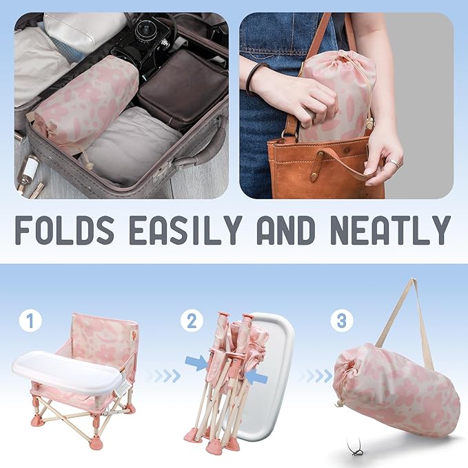 Tiny Marvels 3-in-1 Portable Baby Chair, Foldable Booster Seat with Removable Tray, Safety Harness & Carry Bag for Dining, Travel, Camping, Beach, 6M-3Y (Blush Bloom)