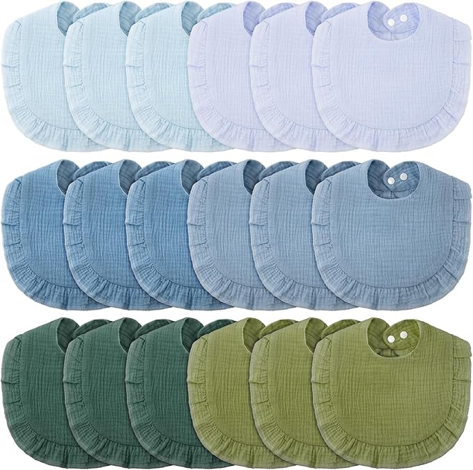 Kenning 18 Pcs Muslin Drool Baby Bibs Ruffle Absorbent Bib with Snap Button Boy Girl for Drooling Teething Infant Newborn