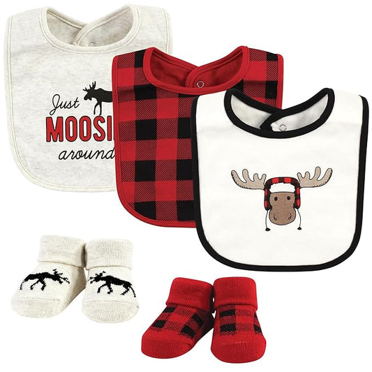 Hudson Baby Unisex Baby Cotton Bib and Sock Set, Winter Moose, One Size