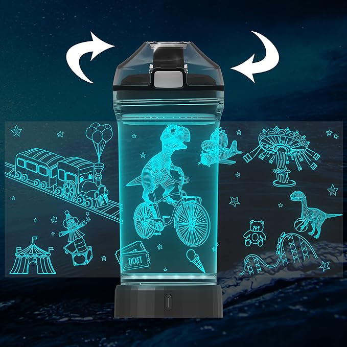 Attivolife Kids Watter Bottle, 3D Illusion LED Light with 7 Color Changing - 14 0z BPA Free - Creative Ideal Travel Cup Dinosaur Gift for School Kid Boy Child Holiday Camping Picnic (DinosaurPark)