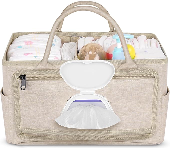 Volnamal Diaper Caddy with Wipe Dispenser One-Handed Access, Premium Diaper Organizer, Portable Car Organizer Nursery Basket for Newborn Essentials, Baby Registry Must Haves for Boys & Girls, Beige