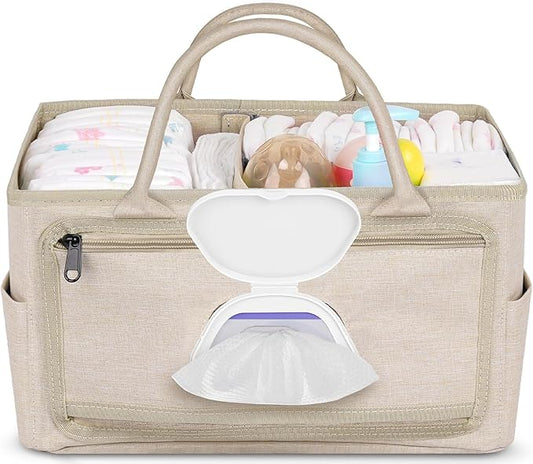 Volnamal Diaper Caddy with Wipe Dispenser One-Handed Access, Premium Diaper Organizer, Portable Car Organizer Nursery Basket for Newborn Essentials, Baby Registry Must Haves for Boys & Girls, Beige
