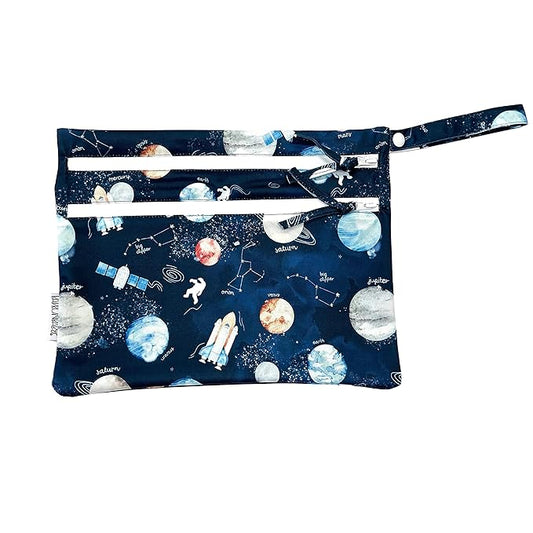 BapronBaby Outer Space Wet Dry Bag - Waterproof Two Zipper Pockets - Reusable for Mealtime, Diapers, Stroller, Snacks, Swimsuits - Machine Washable - 11" x 9"