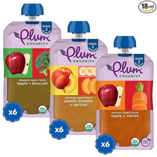Plum Organics - 6+ Months Organic Baby Food Variety Pack - 3 Flavors - Non-GMO - Fruit & Veggie Blends On-The-Go Pouches for Baby and Toddler Meals - Quality Tested Ingredients - 4 oz (Pack Of 18)