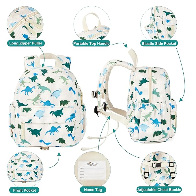 Corduroy Toddler Backpack with Detachable Leash and Anti-Lost Wrist Link, Safety Harness Walking Backpack for Toddler Boys Girls 1-3, Cute Dinosaur Travel Backpack with Leash for Kids