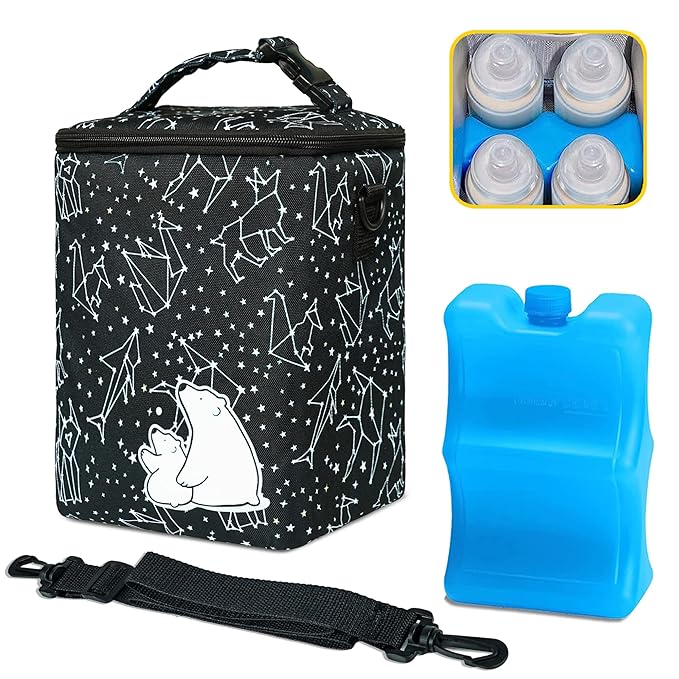 Breastmilk Cooler Bag with Ice Pack Fits 4 Baby Bottles Up To 9 Ounce Insulated Baby Bottle Bag Breast Milk Cooler on the Go with Strap Cooler Bag for Nursing Mom Daycare or Travel