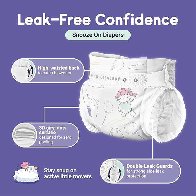 Cozycove Size 6 XXL (33-44 lbs) Diapers, 20 Count, Totally Chlorine Free, Skin-Friendly Material | Snooze On Slim Overnight Tape Disposable Diapers | 1 Bag of 20