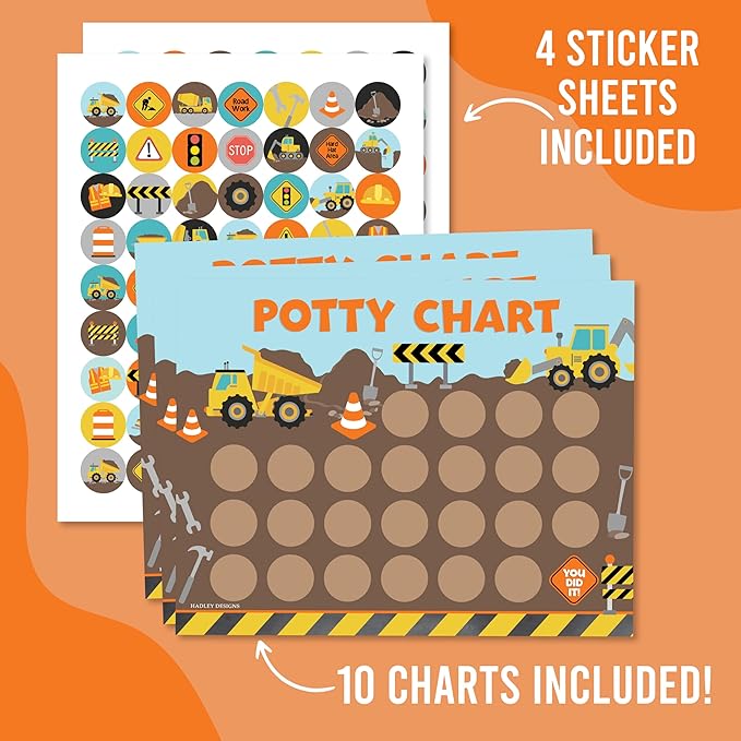 Hadley Designs Potty Training Chart for Toddlers Boys -10 Sticker Potty Chart for Toddlers Boys, 8.5x11" Potty Training Sticker Charts for Toilet Success, Construction Toddler Reward Chart for Kids