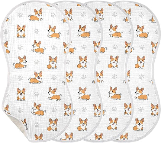 4 Pack Muslin Burp Cloths Cute Corgi Dogs White Cotton Baby Burp Cloths Absorbent Burping Cloth Soft Spit Up Rags for Newborn Must Haves 22x11 Inch