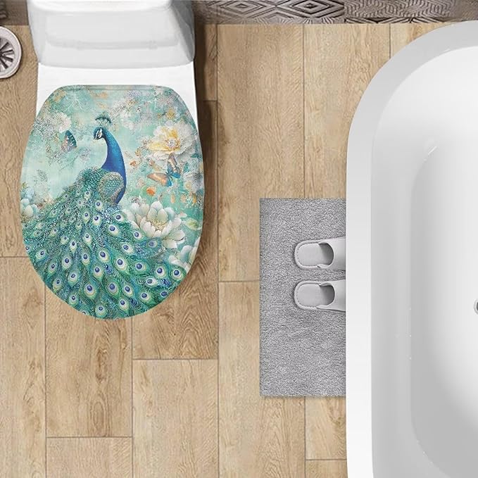 Peacock Toilet Lid Cover Soft Flannel Fabric Toilet Cover Elastic Edges Seat Covers Soft and Breathable Toilet Lid Covers for Bathroom Fits Most Toilet Lids