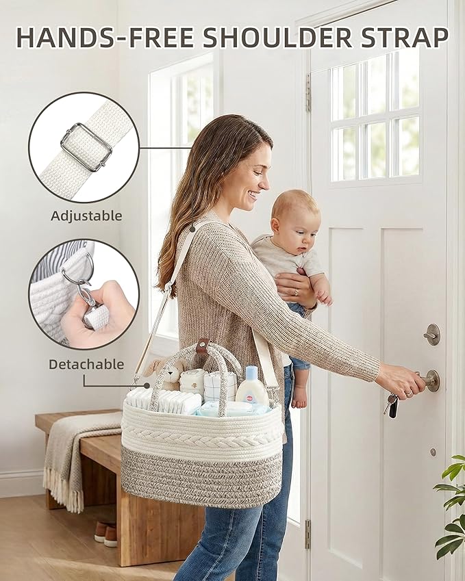 Baby Diaper Caddy Organizer With Handle, Cotton Rope Baby Shower Basket, Large Diaper Caddy with Shoulder Straps for Newborn Parents, Home and Car Travel, 14.5"x8.5"x7.5