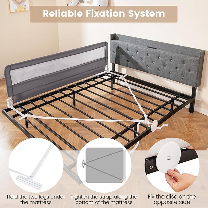 HONEY JOY Bed Rail for Toddlers, 71-in Extra Long, Portable Safety Bed Guardrail w/Double Safety Child Lock, Foldable Baby Bed Rail Guard, Fit King & Queen Full Twin Size Bed Mattress(Gray, Pack 1)