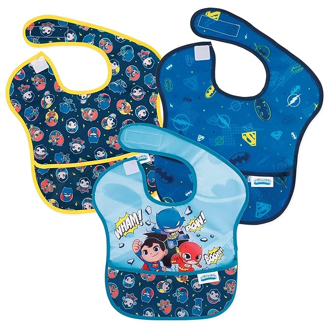 Bumkins Bibs for Girl or Boy, SuperBib Baby and Toddler 6-24 Months, Essential Must Have for Eating, Feeding, Baby Led Weaning Supplies, Mess Saving Catch Food, Fabric, 3-pk DC Comics Super Friends