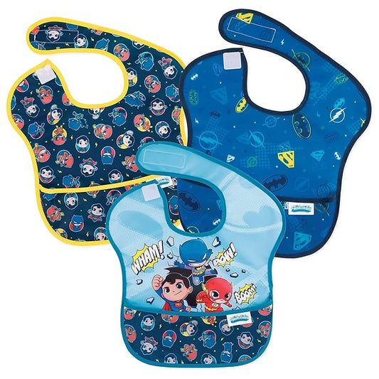 Bumkins Bibs for Girl or Boy, SuperBib Baby and Toddler 6-24 Months, Essential Must Have for Eating, Feeding, Baby Led Weaning Supplies, Mess Saving Catch Food, Fabric, 3-pk DC Comics Super Friends
