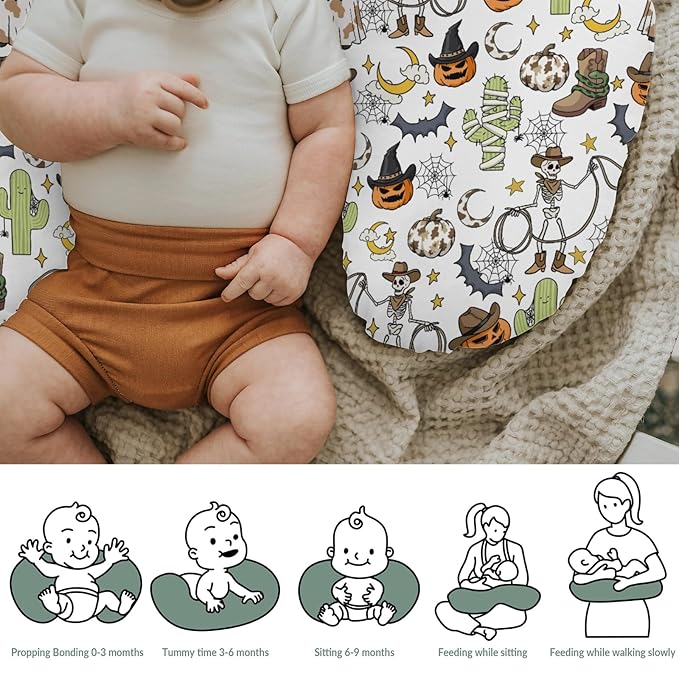 Western Halloween Cowboy Nursing Pillow Covers for Boy Girl Spooky Skeleton Pumpkin Cactus Witch Bats Nursery Pillowcase for Breastfeeding Pillows Wild West Country Soft Stretchy Slipcovers for Infant