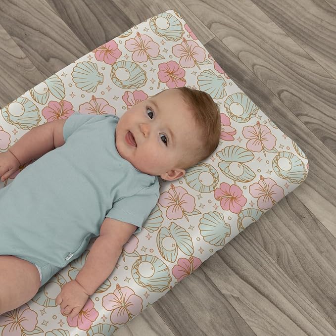 Boho Summer Mermaids Floral Changing Pad Covers for Baby Girls Boys Beach Seashells Conch Tropical Flowers Fitted Change Table Pad Covers Mats Ocean Marine Soft Diaper Changing Pad Sheets 32''×16''