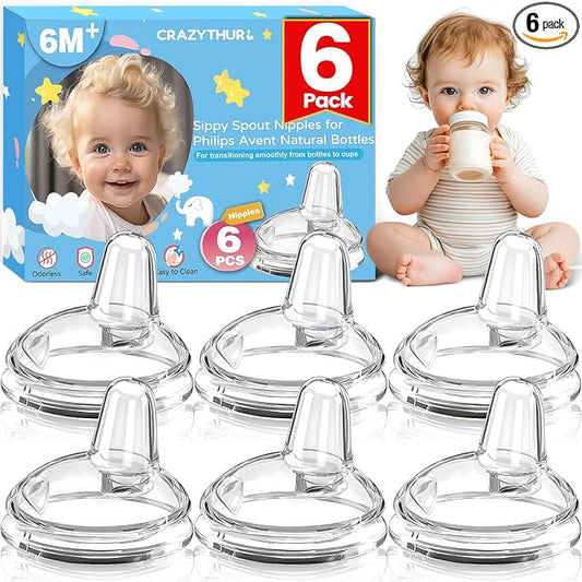 Sippy Spout Nipples(6 Pack), Compatible with Philips Avent Natural Bottles, My Grippy Spout & Natural Trainer Sippy Cup, 100% Food Grade Silicone Sippy Cup Nipples, 6m+, Leak-Proof, BPA-Free