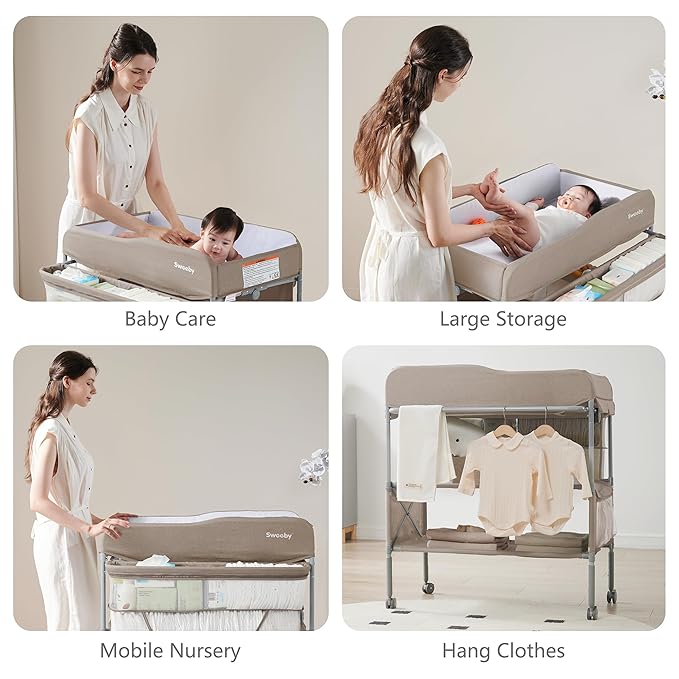 Sweeby Portable Baby Changing Table, Foldable Diaper Changing Station with Waterproof Pad, Mobile Nursery Organizer for Infant & Newborn Essentials, Light Khaki, Standard