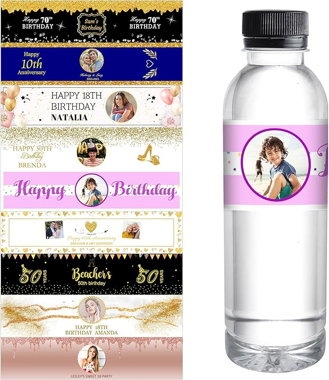 Personalized Water Bottle Labels for Birthday Anniversary Custom Happy Birthday Labels with Name for Water Bottle Stickers Waterproof Printable Photo Bottle Labels Gifts 50 Pcs