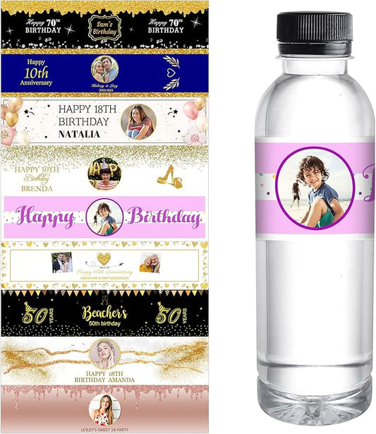 Personalized Water Bottle Labels for Birthday Anniversary Custom Happy Birthday Labels with Name for Water Bottle Stickers Waterproof Printable Photo Bottle Labels Gifts 50 Pcs