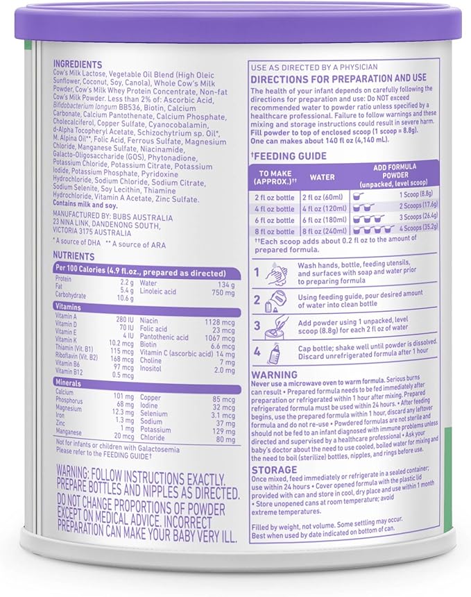 Bubs 365 Day Grass Fed Infant Formula with Iron, Cow Milk-Based Powder for Infants 0-12 Months, Made with Non-GMO Milk, 20 oz