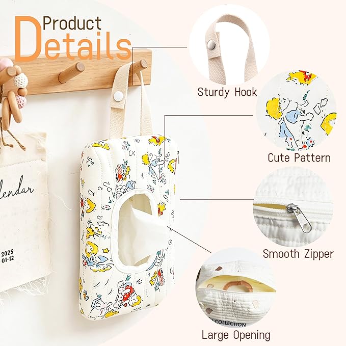 Quilted Baby Wipe Holder Floral Diaper Pouch Portable Quilted Wipes Bag for Car, Stroller