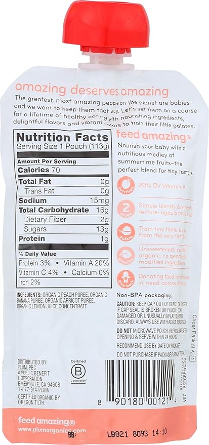 Plum Organics Stage 2, Organic Baby Food, Peach, Banana, and Apricot, 4.0 Ounce