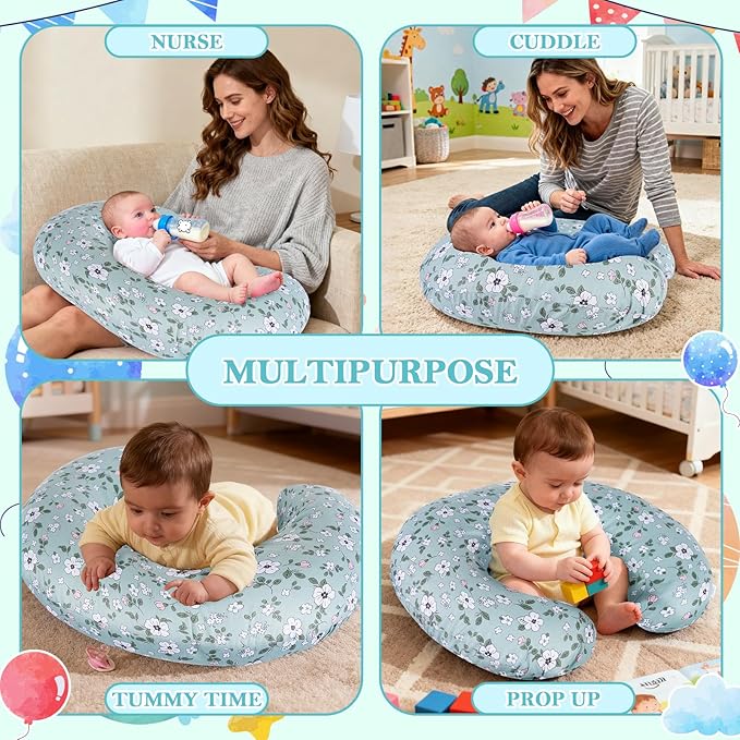 Nursing Pillow for Breastfeeding & Bottle Feeding - Ergonomic C-Shape Design with Breathable Filling & Removable Washable Cover, Supports 0-12 Months (Feeding, Tummy Time, Sitting)