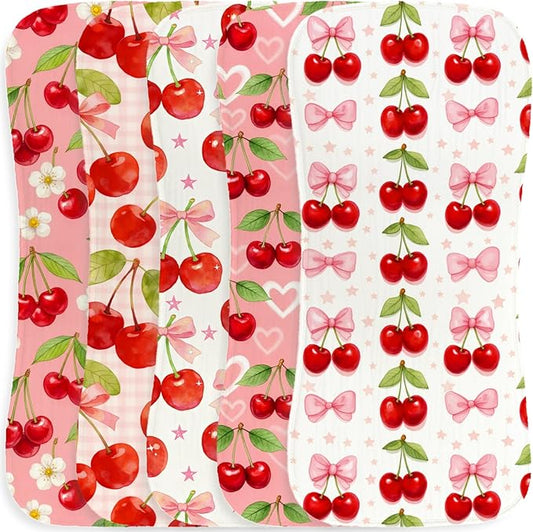 5 Pack Baby Burp Cloths, Soft Cotton Sweet Cherry Theme Burp Cloths, Super Absorbent Cute Fruit Orchard & Gingham Print Washcloths, Newborn Baby Girl Essentials Gift Set