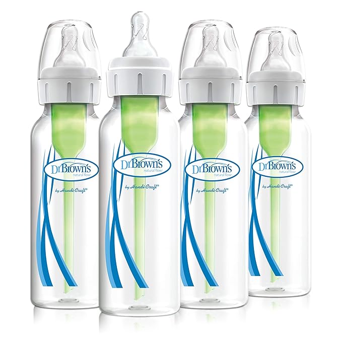 Dr. Brown's Anti-Colic Options+ Narrow Baby Bottles, 8 oz, 4 Pack with Slow Flow Nipple 0m+ and Travel Caps, Narrow 3 Pack