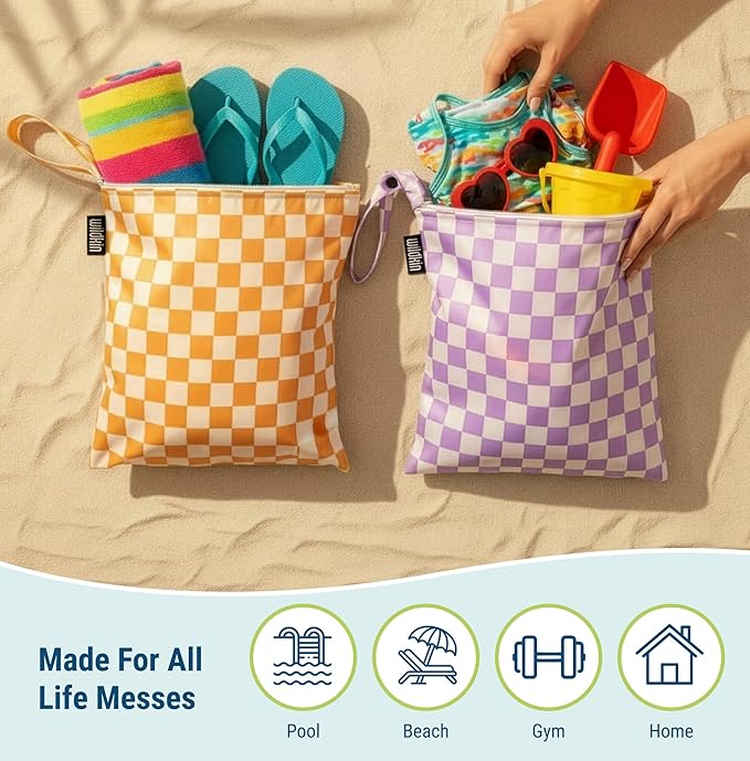Wildkin Wet Bag Set for Boys, & Girls – Durable Zipper with Snap Loop Handle, Reusable Water-Resistant Bags for Beach, Pool, Travel & Gym - Checkered